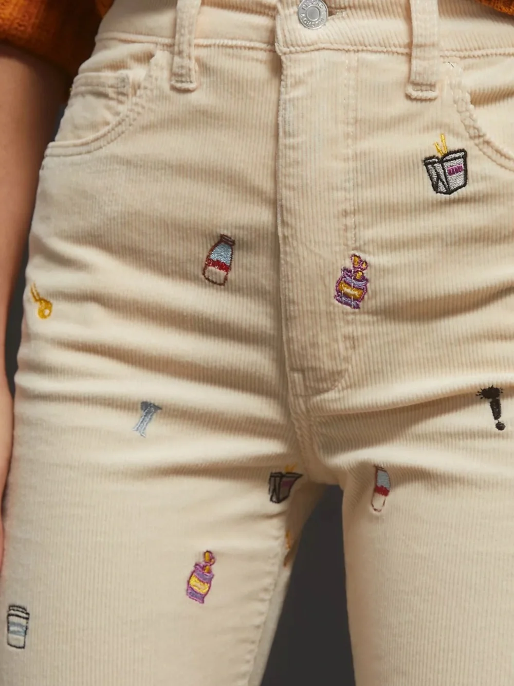 Pilcro Cream Corduroy Embroidered Flare Pants - Picture 8 of 10